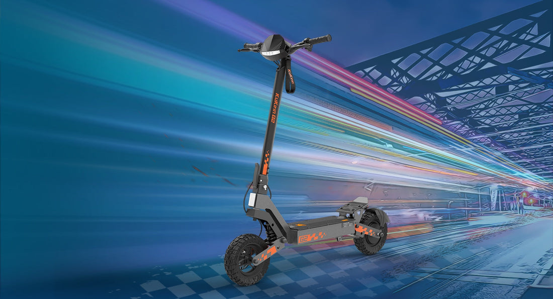 Kukirin G2 electric scooter with gray-orange design, displayed against a dynamic urban background, ideal for fast and stylish city commuting
