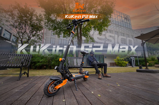 Kukirin G2 Max electric scooter (orange-black) on an outdoor wooden deck; designed for daily commutes with 40-60km real-world range.