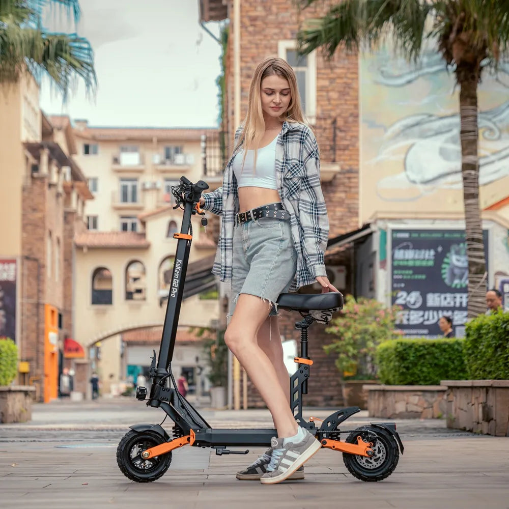 Kukirin G2 Pro electric scooter with comfortable seat attachment, ideal for long-distance cruising and relaxed commuting.