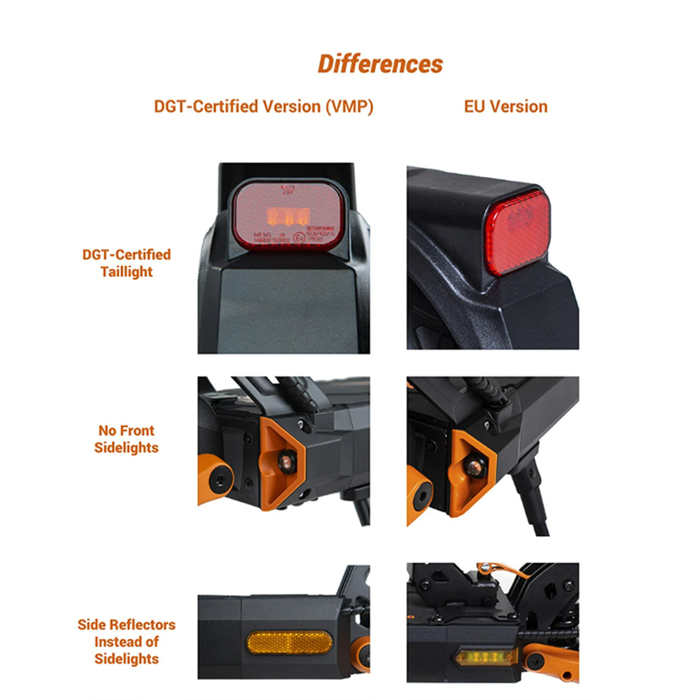 Comparison diagram between the DGT-Certified (VMP) version and the EU version of the Kukirin G2 PRO scooter, highlighting key differences in the taillight, absence of front sidelights, and use of side reflectors to meet specific regulations.