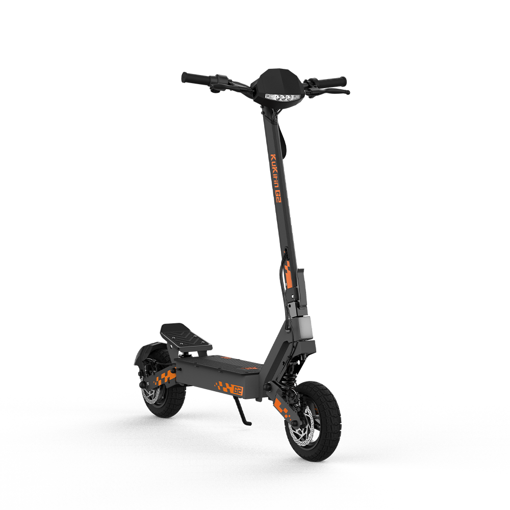 KuKirin G2 electric scooter with 800W motor and 45km range. Black and orange design features a sturdy frame, comfortable deck, and bright headlight for urban commuting.