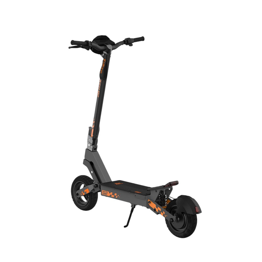 Kukirin G2 electric scooter in black with orange accents, featuring a modern design ideal for urban commuting. This long-range adult e-scooter combines style and functionality for daily transportation needs.