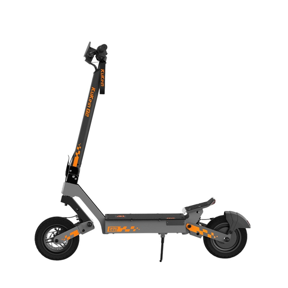  KuKirin G2 electric scooter for adults, a versatile and portable commuter scooter with front suspension, a folding mechanism, and a modern gray and orange design
