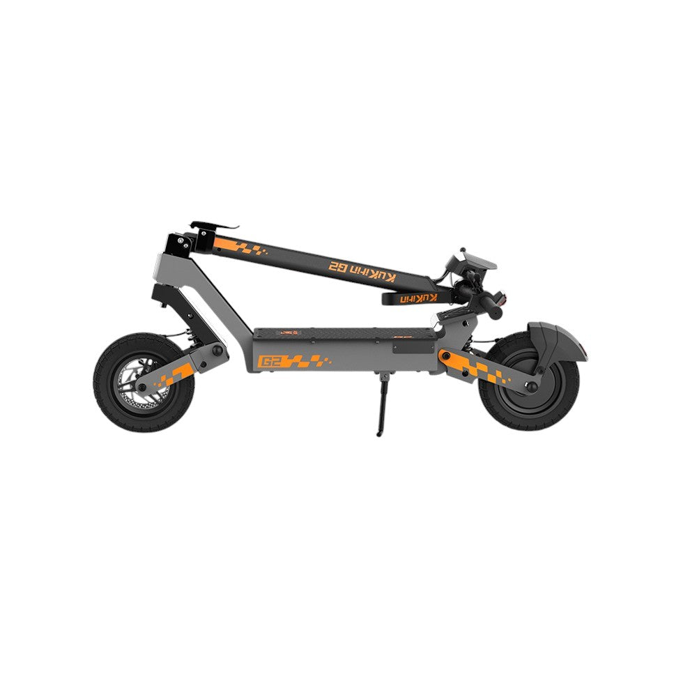 KuKirin G2 foldable electric scooter in compact storage position. Features gray and orange design with black tires, ideal for easy transport and space-saving storage in apartments or car trunks.