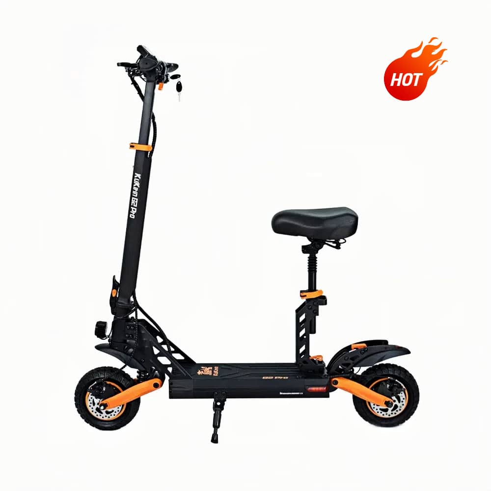 KuKirin G2 Pro electric scooter with included seat, featuring a powerful 600W motor for high-speed commuting and long-range travel. Black and orange design shown on a clean white background.