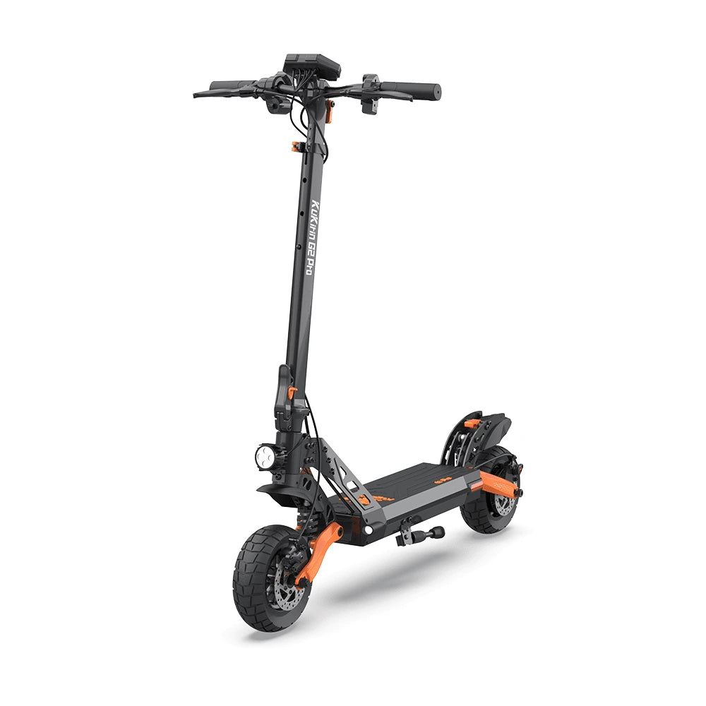 KuKirin G2 Pro electric scooter with 600W motor and off-road tires. Black frame with orange accents, featuring robust construction, bright headlight, and modern design for adventurous riding.