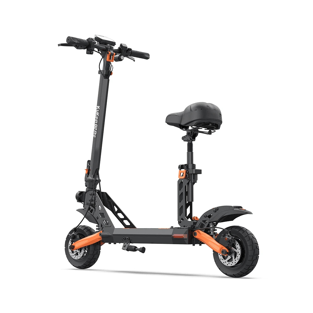 ​​Kukirin G2 Pro electric scooter with seat, a high-performance commuter scooter for adults featuring a powerful motor for high speeds and long range. Shown in black with orange accents on a white background.