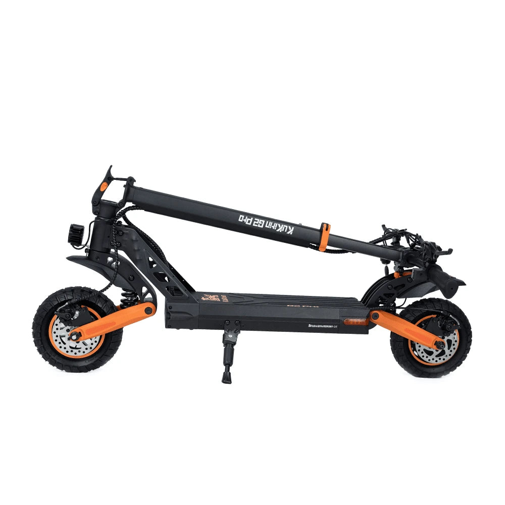 The Folded KuKirin G2 Pro electric scooter, showcasing its compact, space-saving design for easy storage in apartments and car trunks.