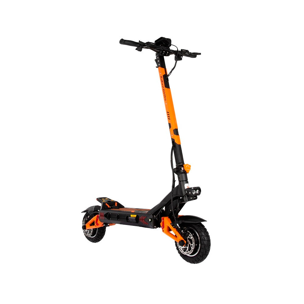 KuKirin G3 Pro Electric Scooter: Dynamic Angle View with Robust Build and Distinctive Orange Accents – Designed for High-Performance Riding in Urban and Off-Road Scenarios