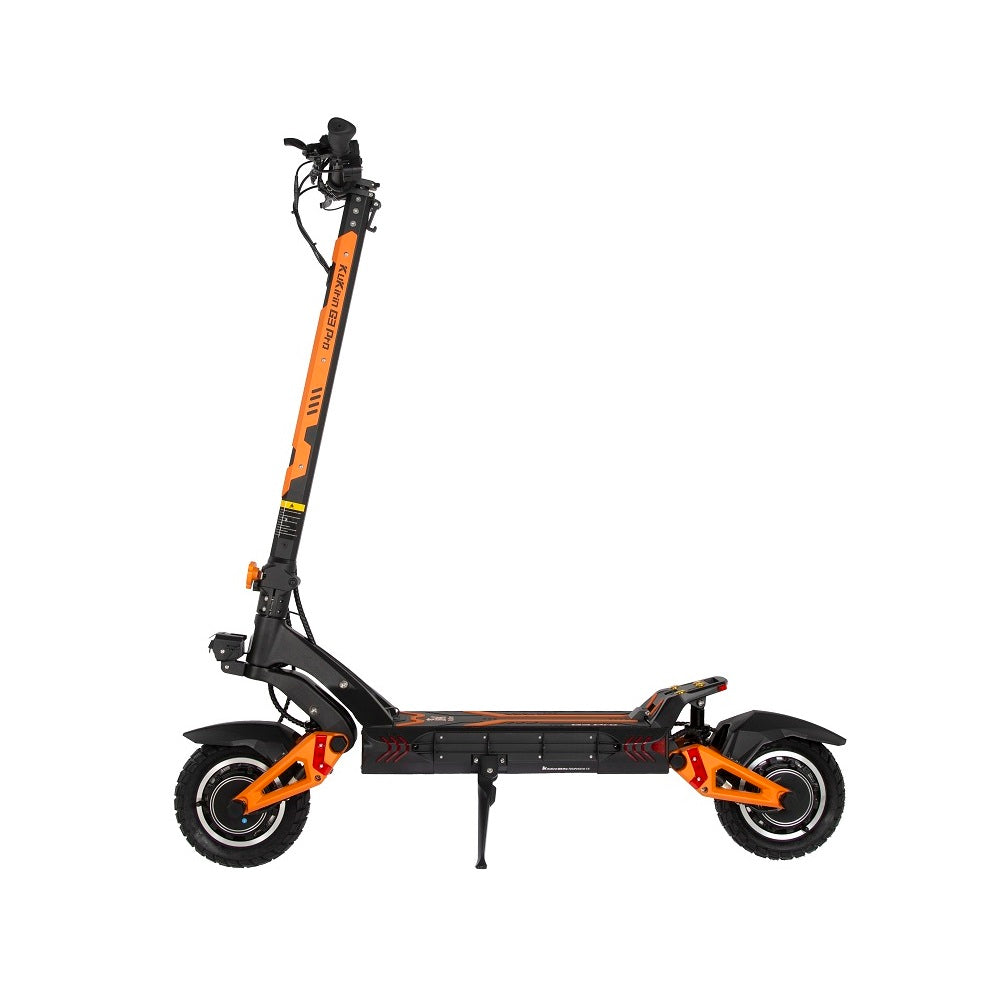 KuKirin G3 Pro Electric Scooter: Side Stand View with Distinctive Orange Accents and Robust Frame – Designed for Stable Parking and High-Performance Mobility