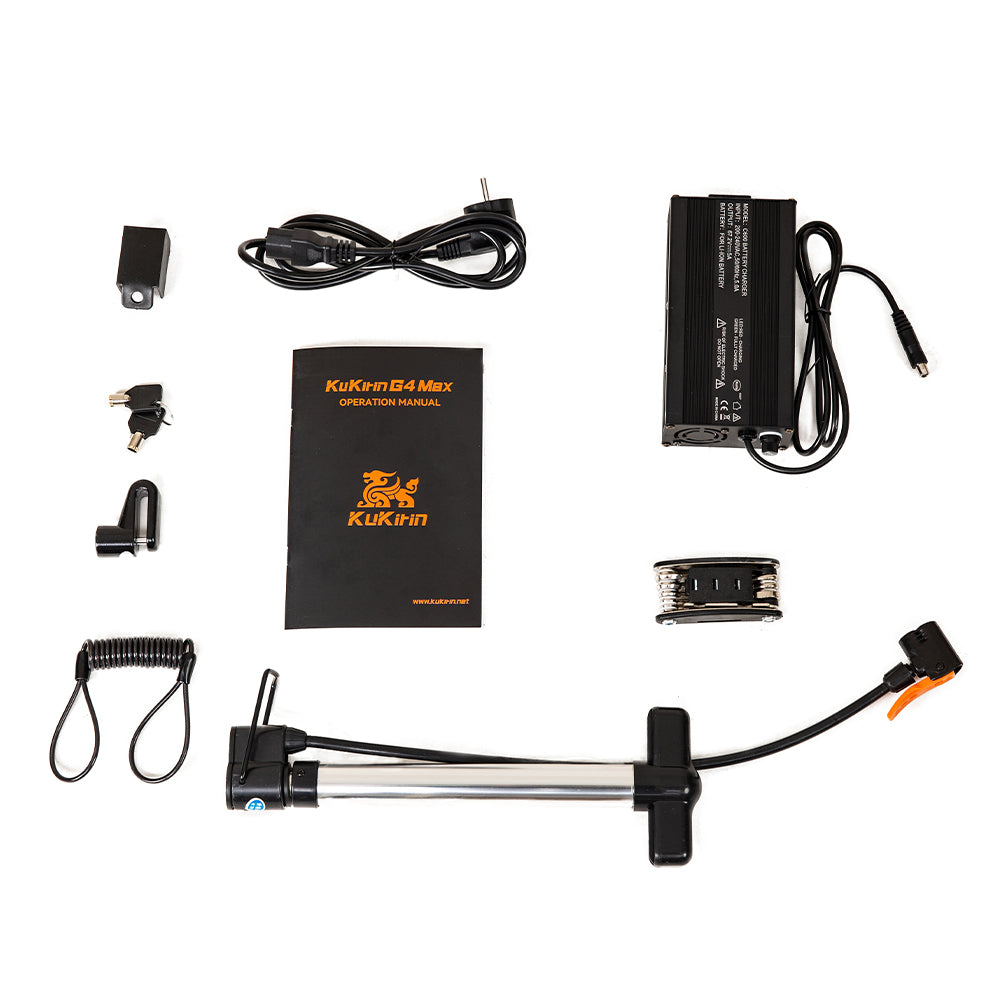 Complete set of spare parts and accessories for the KuKirin G4 Max electric scooter, including charger, keys, multi-tool, air pump, manual, and spring rope